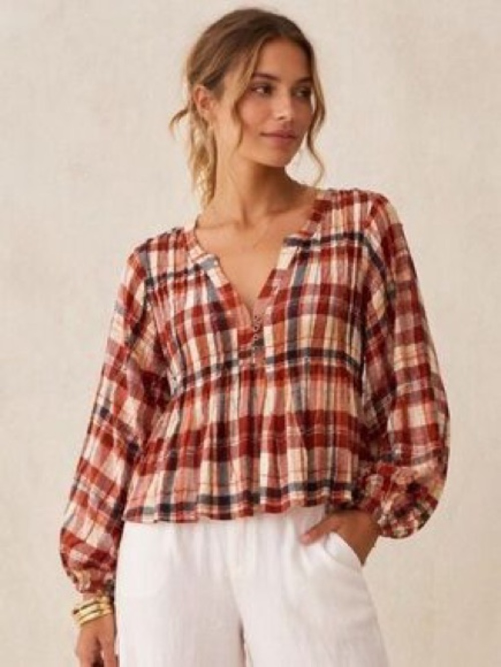 Pilcro Plaid Peasant Blouse in Rust, Cream & Navy
